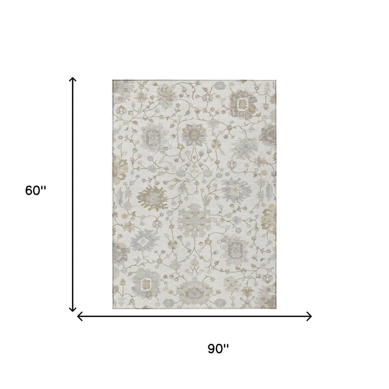 5' X 8' Ivory And Silver Floral Washable Indoor Outdoor Area Rug Homeroots Outdoor