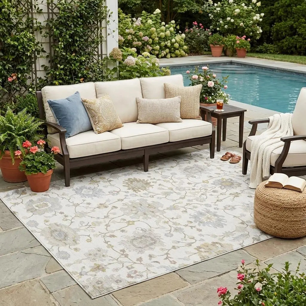 5' X 8' Ivory And Silver Floral Washable Indoor Outdoor Area Rug Homeroots Outdoor