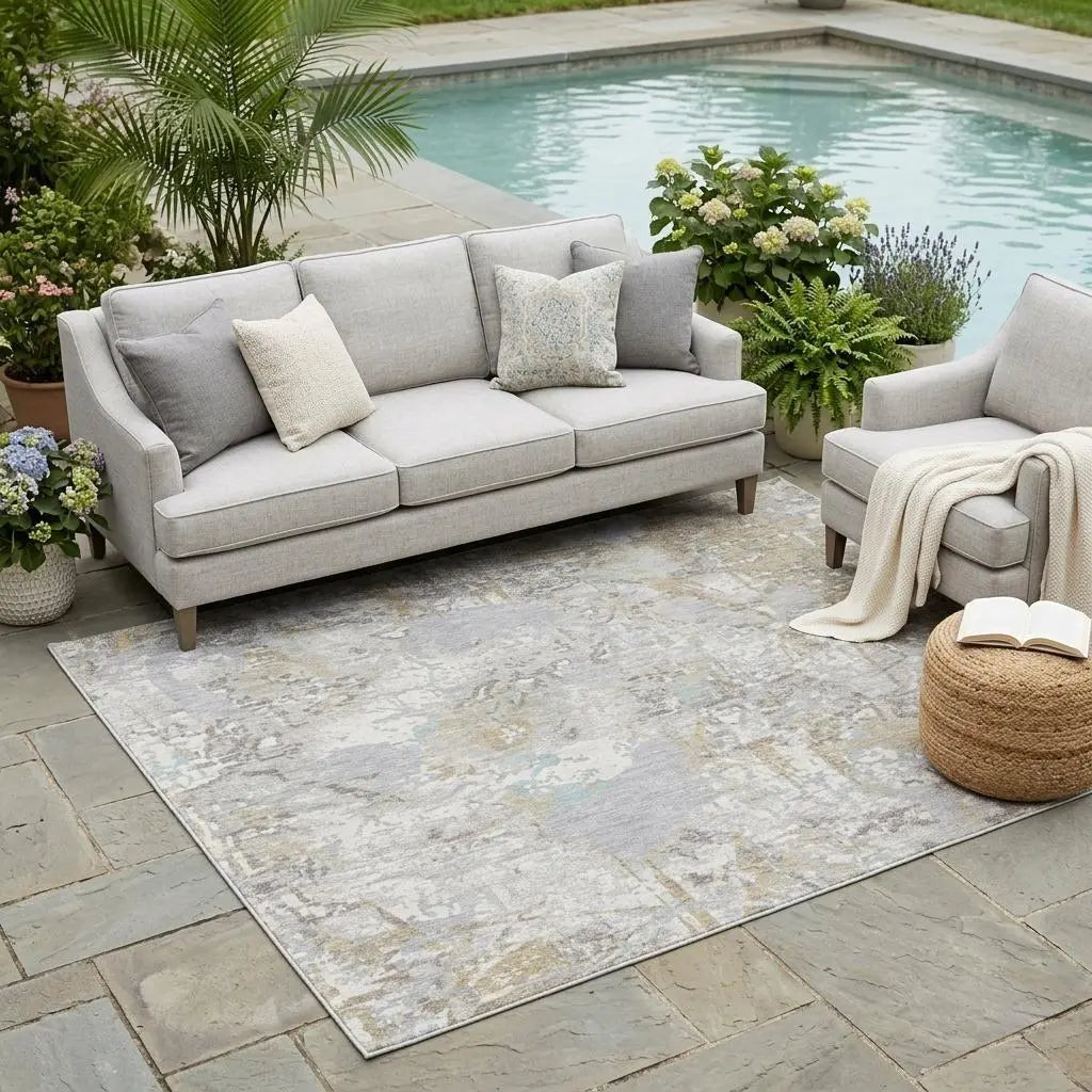 5' X 8' Ivory And Silver Floral Washable Indoor Outdoor Area Rug Homeroots Outdoor