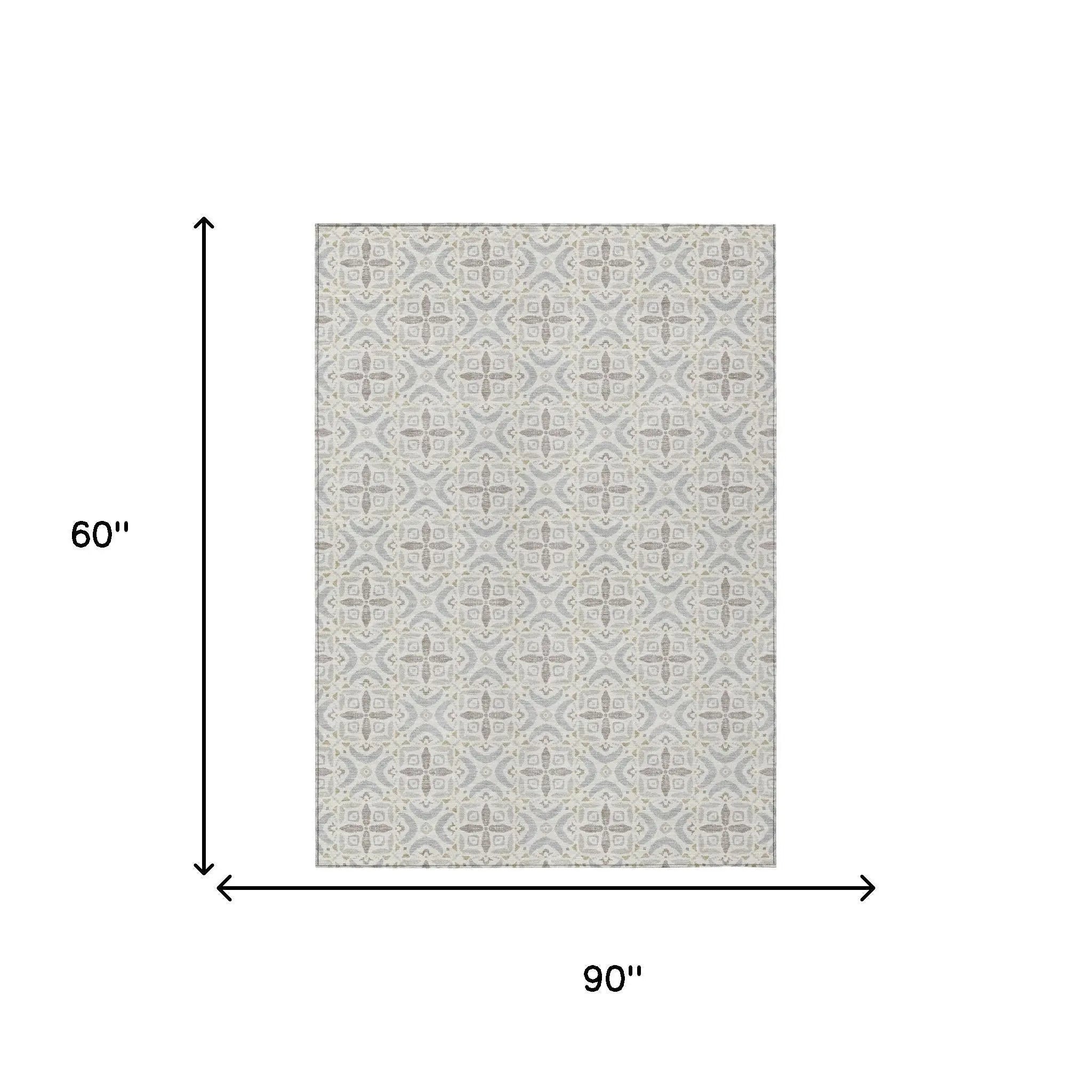 5' X 8' Ivory And Silver Geometric Washable Indoor Outdoor Area Rug Homeroots Outdoor