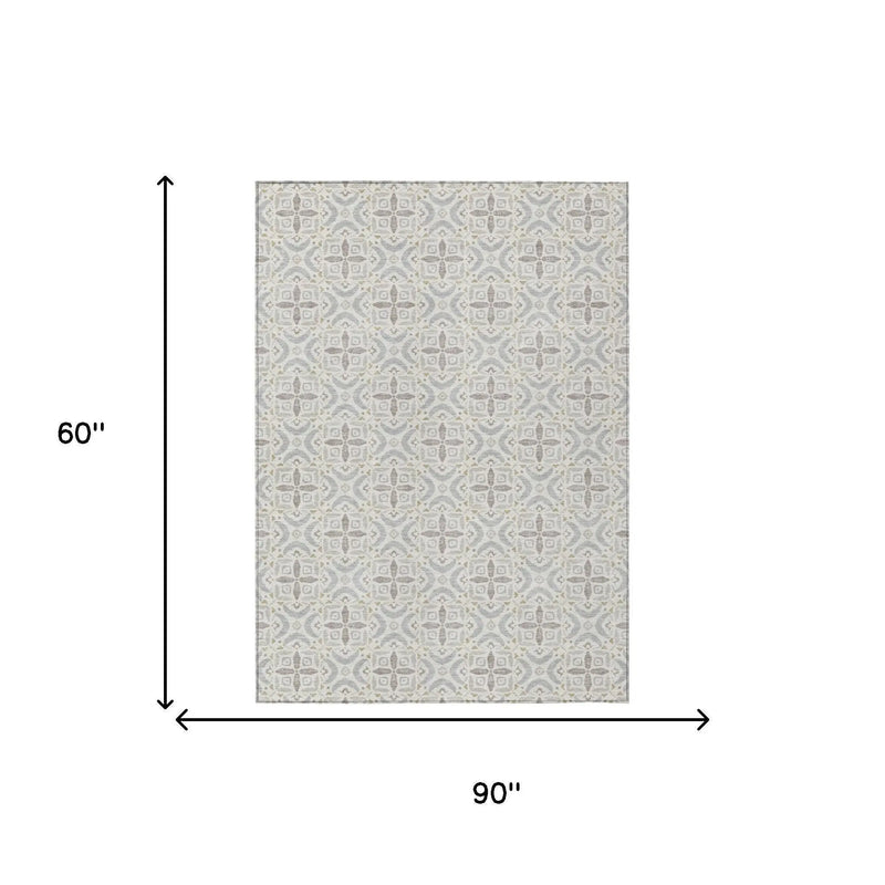 5' X 8' Ivory And Silver Geometric Washable Indoor Outdoor Area Rug Homeroots Outdoor
