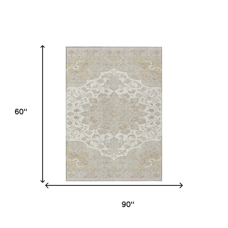 5' X 8' Ivory And Silver Oriental Washable Indoor Outdoor Area Rug Homeroots Outdoor