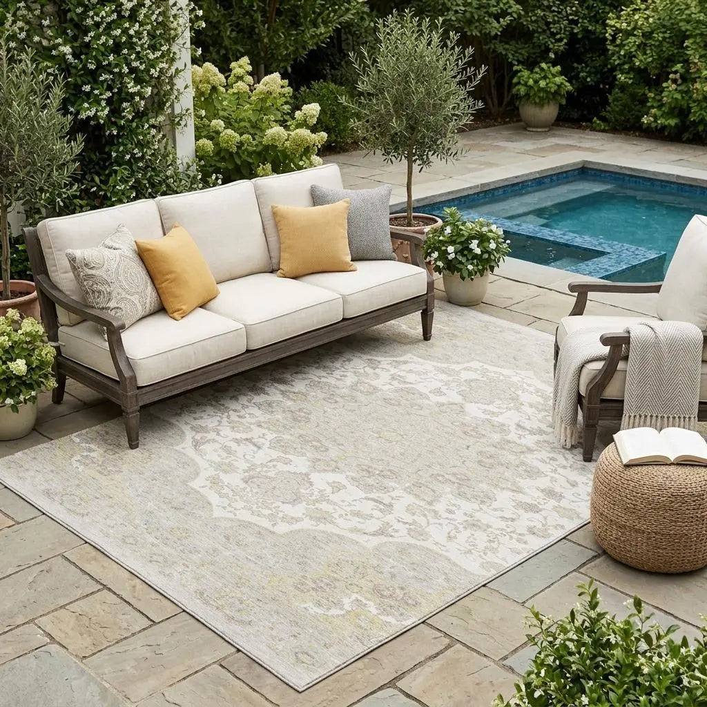 5' X 8' Ivory And Silver Oriental Washable Indoor Outdoor Area Rug Homeroots Outdoor