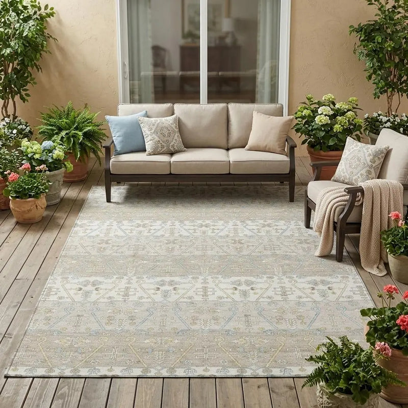 5' X 8' Ivory And Silver Oriental Washable Indoor Outdoor Area Rug Homeroots Outdoor