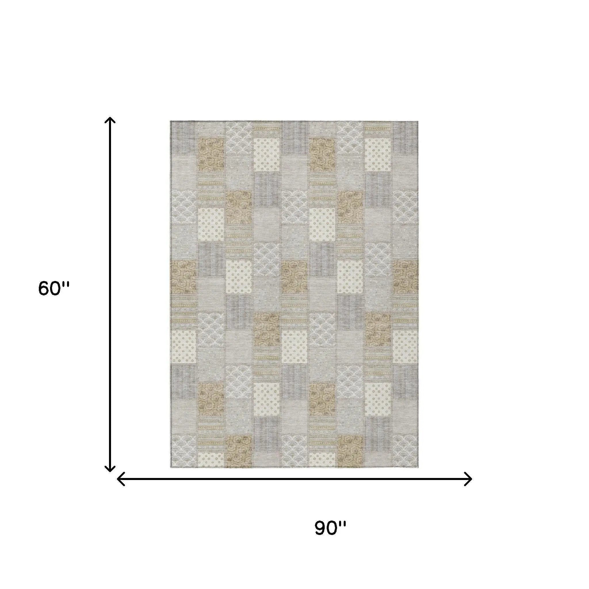 5' X 8' Ivory And Silver Patchwork Washable Indoor Outdoor Area Rug Homeroots Outdoor