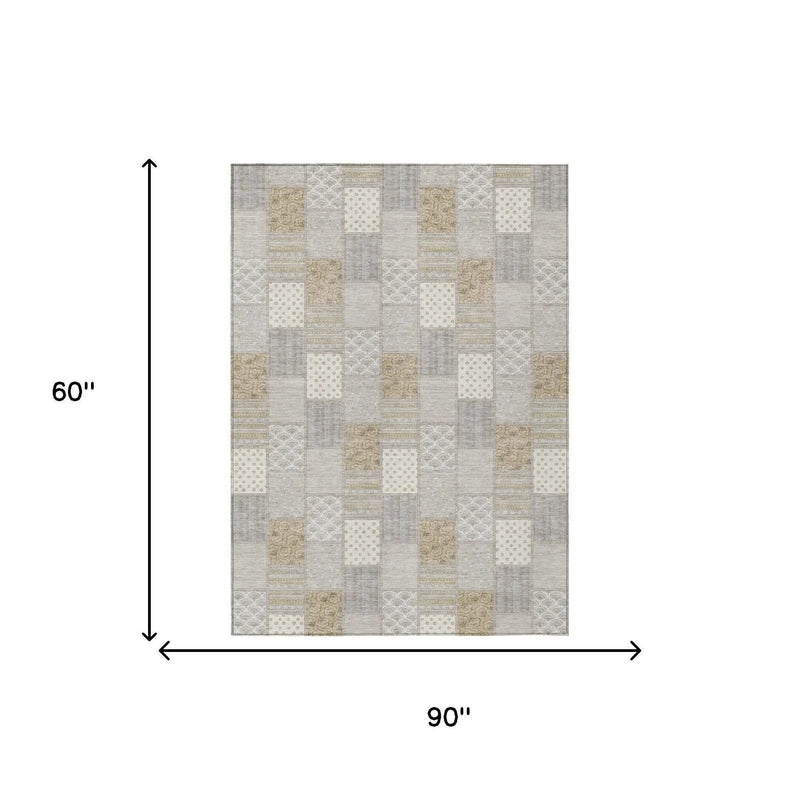 5' X 8' Ivory And Silver Patchwork Washable Indoor Outdoor Area Rug Homeroots Outdoor