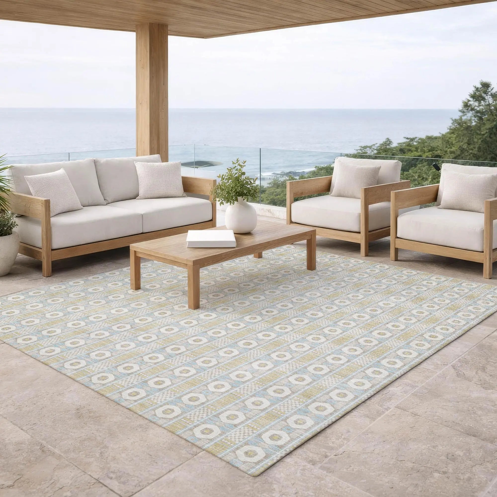 5' X 8' Ivory And Silver Striped Washable Indoor Outdoor Area Rug Homeroots Outdoor