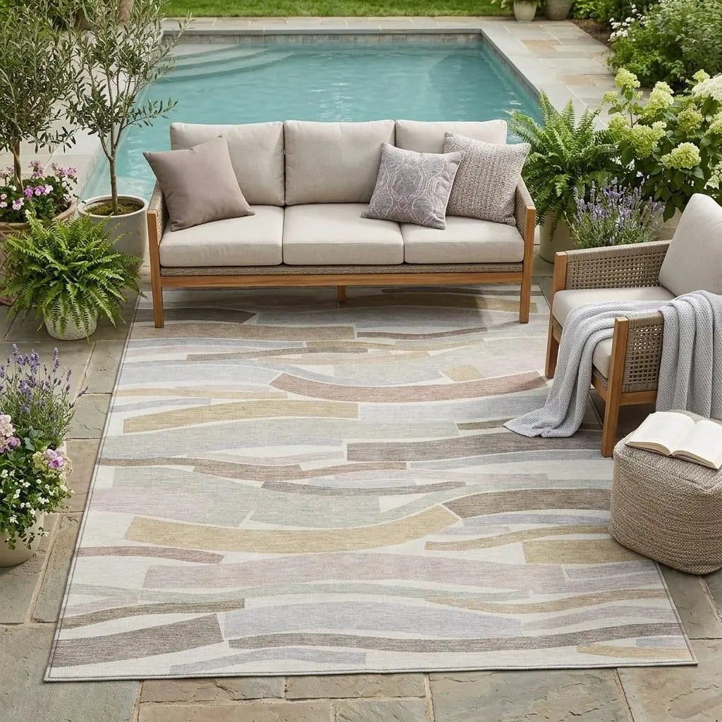 5' X 8' Ivory And Silver Striped Washable Indoor Outdoor Area Rug Homeroots Outdoor