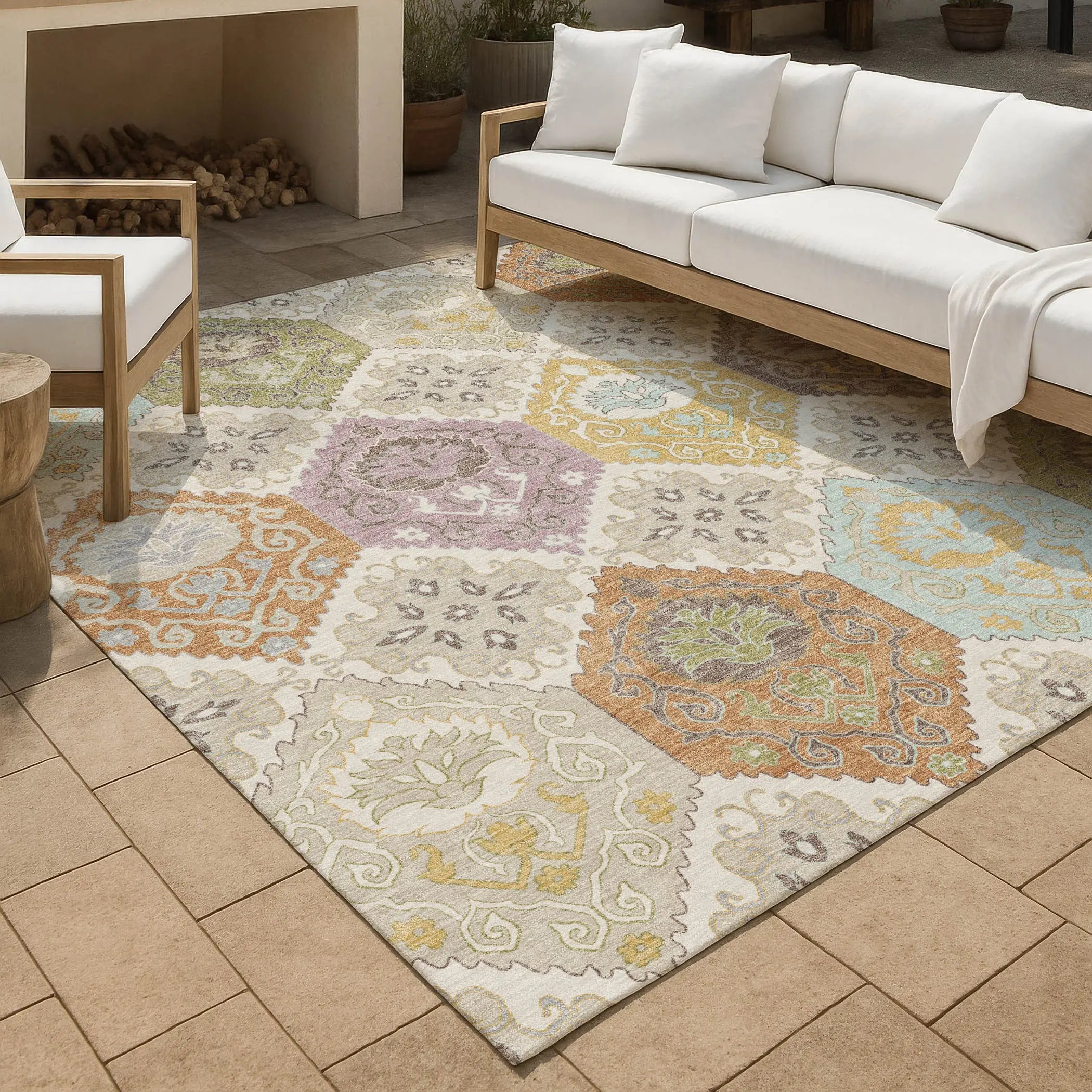 5' X 8' Ivory And Sky Blue Geometric Washable Indoor Outdoor Area Rug Homeroots Outdoor