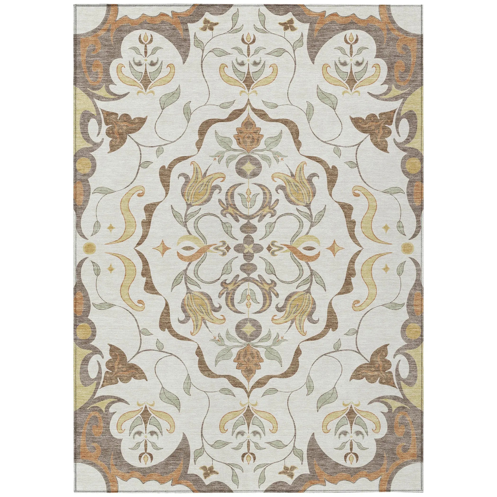 5' X 8' Ivory And Taupe Damask Washable Indoor Outdoor Area Rug Homeroots Outdoor