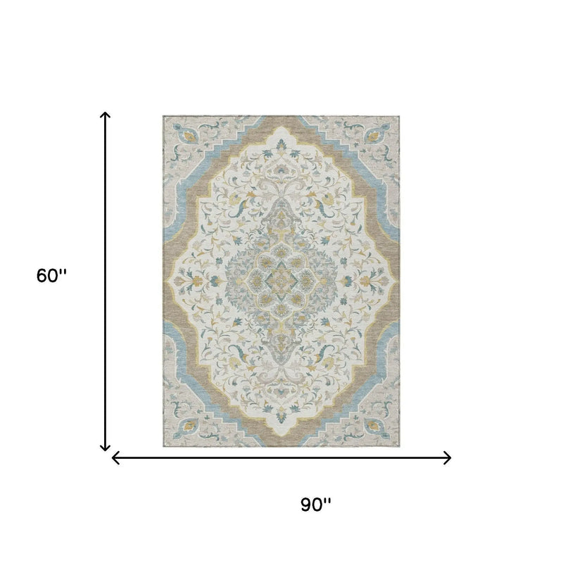 5' X 8' Ivory And Taupe Medallion Washable Indoor Outdoor Area Rug Homeroots Outdoor