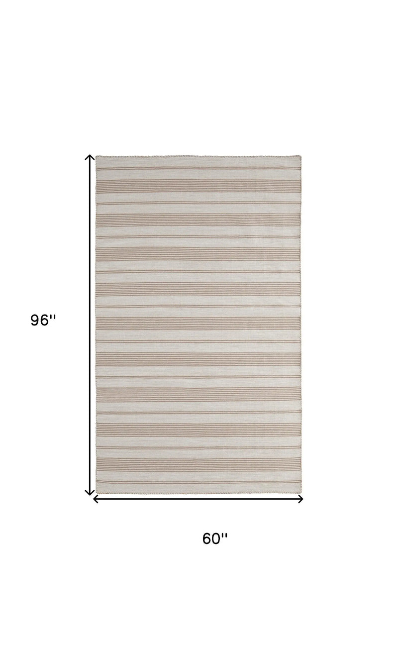 5' X 8' Ivory And Taupe Striped Hand Woven Area Rug Homeroots Outdoor