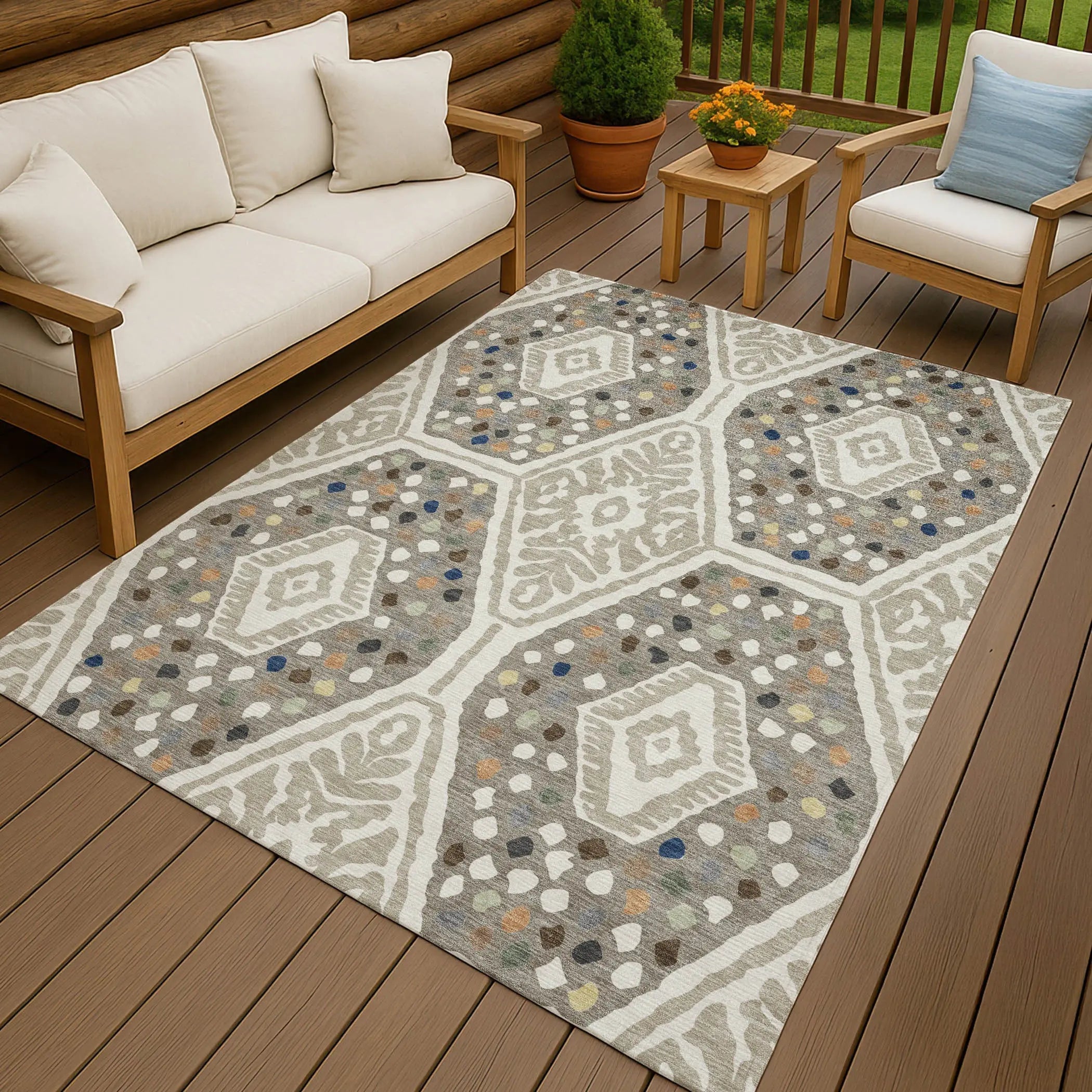 5' X 8' Ivory And Taupe Tribal Washable Indoor Outdoor Area Rug Homeroots Outdoor