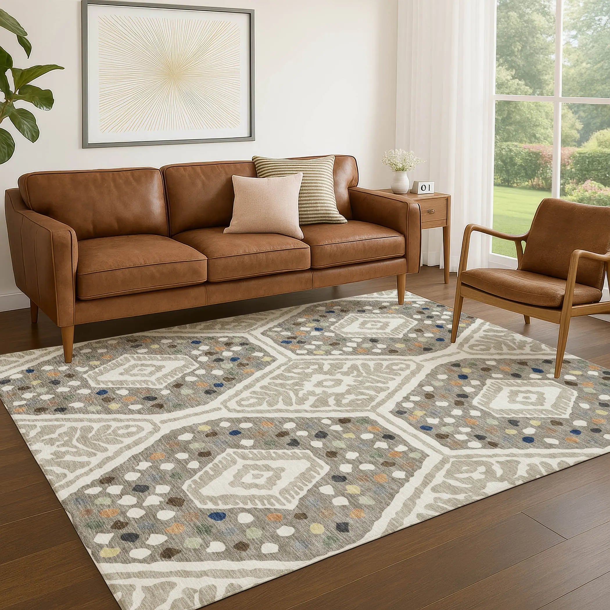 5' X 8' Ivory And Taupe Tribal Washable Indoor Outdoor Area Rug Homeroots Outdoor