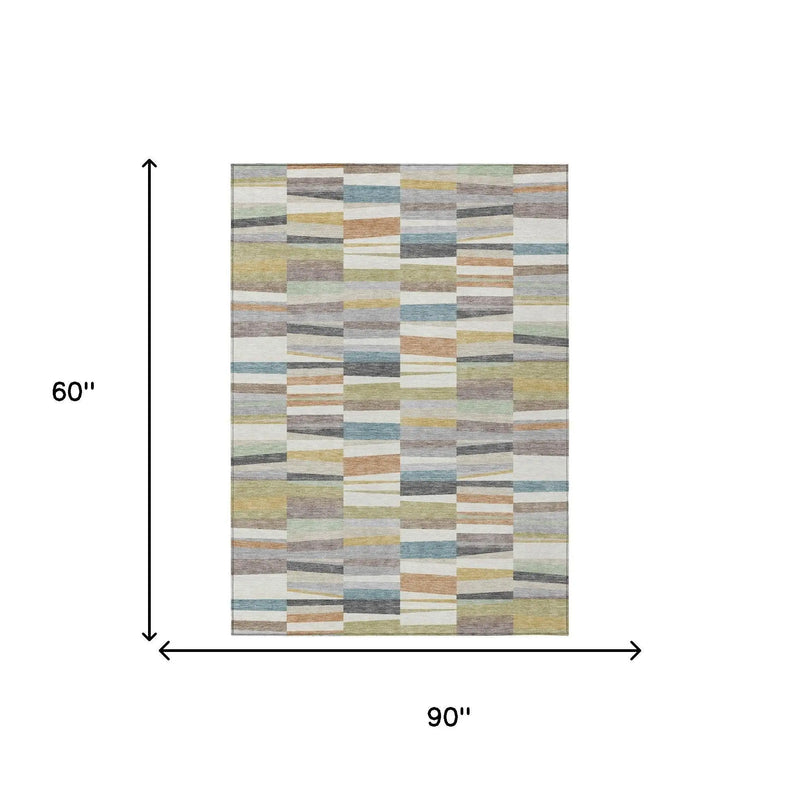 5' X 8' Ivory And Teal Blue Striped Washable Indoor Outdoor Area Rug Homeroots Outdoor