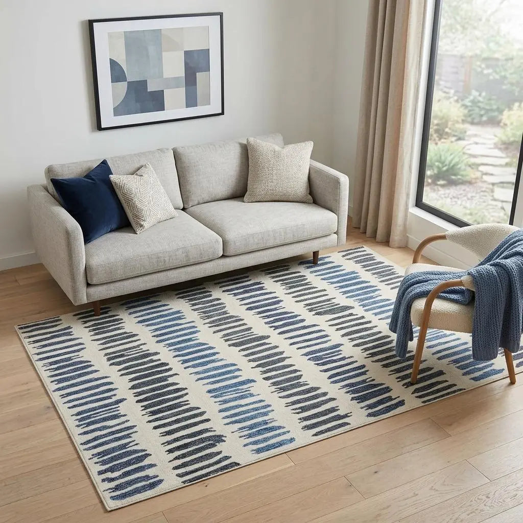 5' X 8' Ivory Blue And Charcoal Wool Striped Hand Tufted Area Rug Homeroots Home Decor