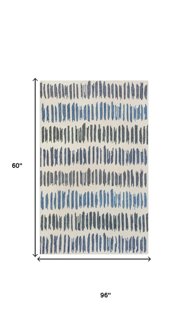 5' X 8' Ivory Blue And Charcoal Wool Striped Hand Tufted Area Rug Homeroots Home Decor