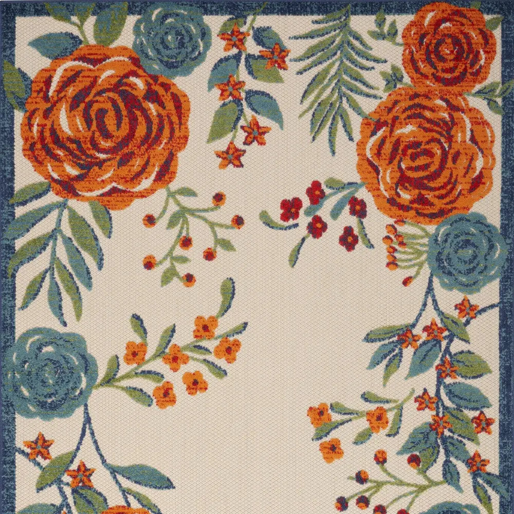 5' X 8' Ivory Blue Orange And Green Floral Indoor Outdoor Area Rug Homeroots Outdoor