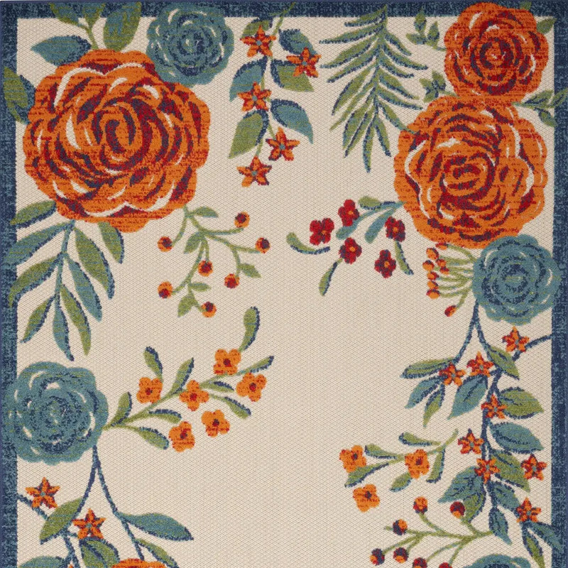 5' X 8' Ivory Blue Orange And Green Floral Indoor Outdoor Area Rug Homeroots Outdoor