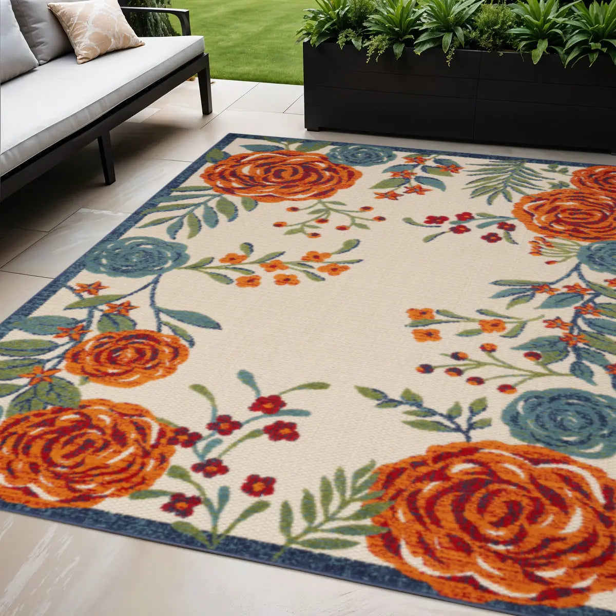 5' X 8' Ivory Blue Orange And Green Floral Indoor Outdoor Area Rug Homeroots Outdoor