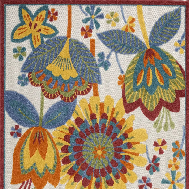 5' X 8' Ivory Blue Orange Red And Yellow Floral Indoor Outdoor Area Rug Homeroots Outdoor