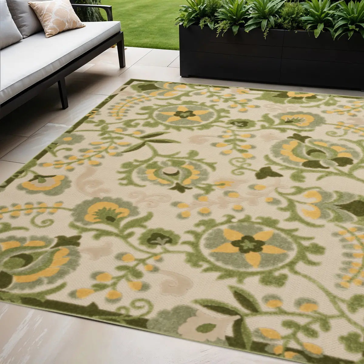 5' X 8' Ivory Green And Yellow Floral Indoor Outdoor Area Rug Homeroots Outdoor