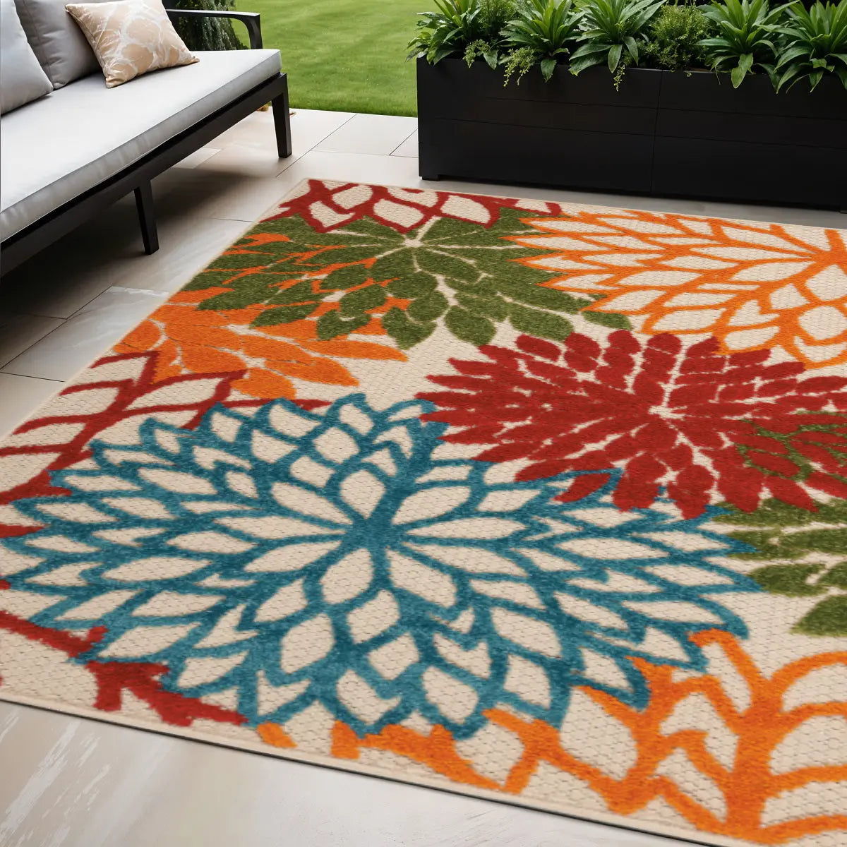 5' X 8' Ivory Green Blue Red And Orange Floral Indoor Outdoor Area Rug Homeroots Outdoor