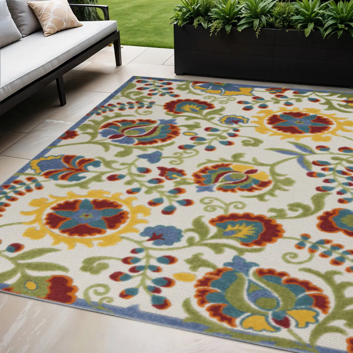 5' X 8' Ivory Green Red And Yellow Floral Indoor Outdoor Area Rug Homeroots Outdoor