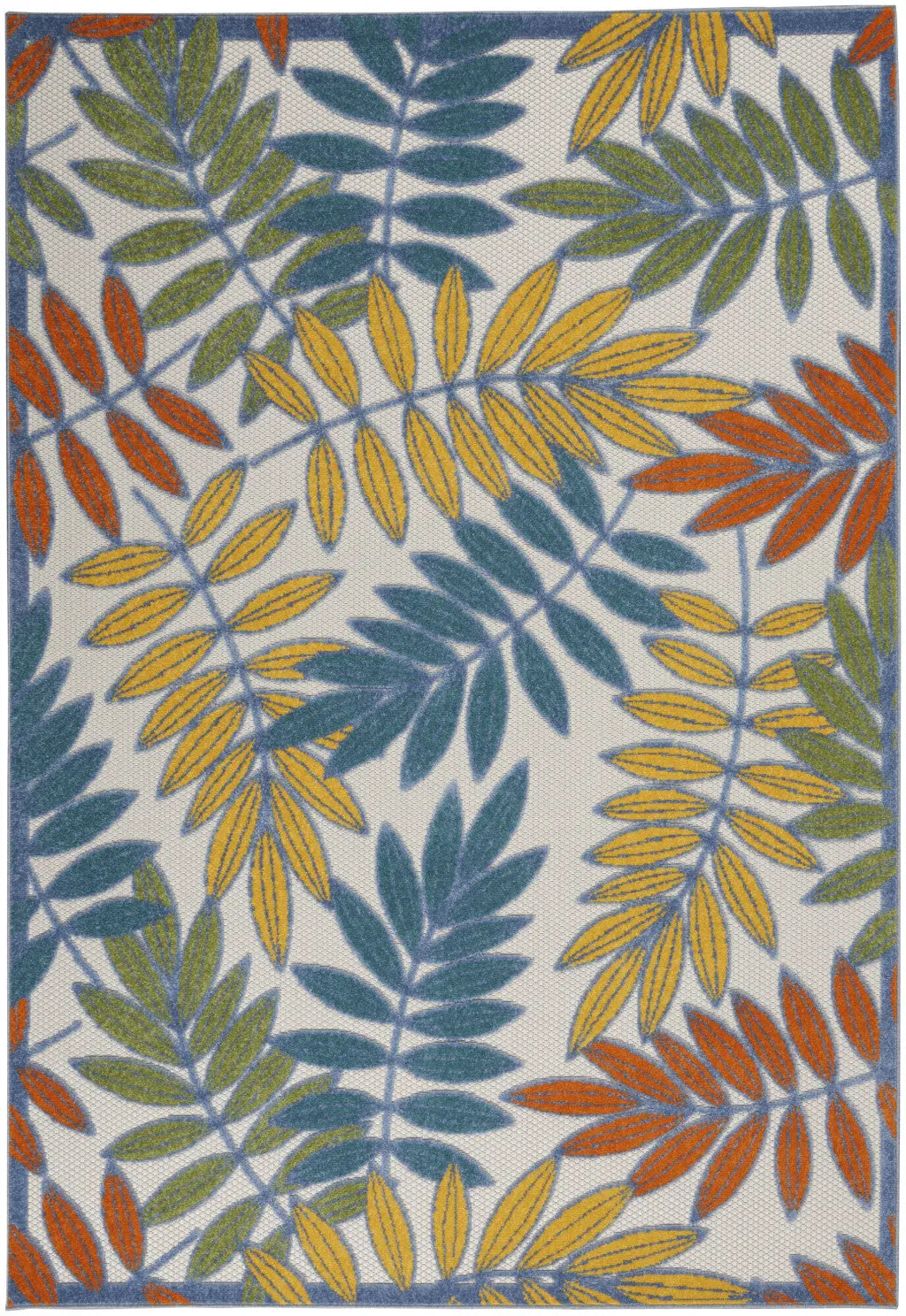 5' X 8' Ivory Yellow Orange Green And Blue Botanical Leaves Indoor Outdoor Area Rug Homeroots Outdoor