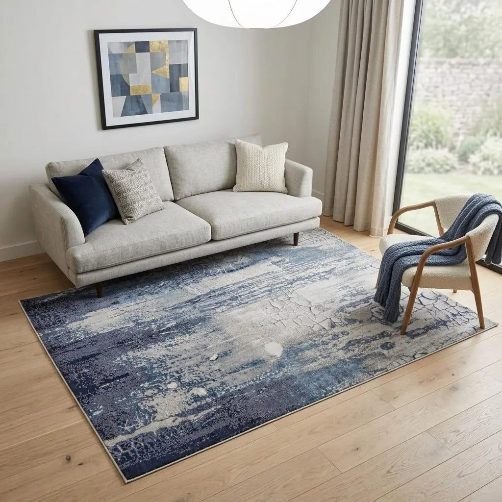 5' X 8' Ivory and Blue Abstract Power Loom Distressed Non Skid Area Rug Homeroots Home Decor