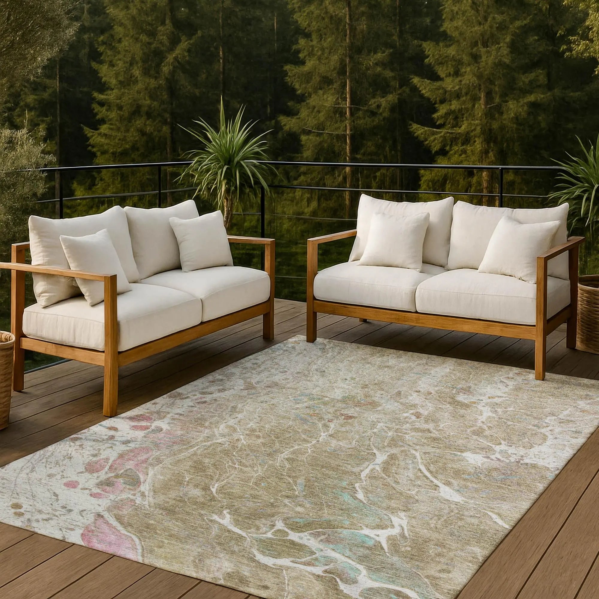 5' X 8' Khaki And Brown Abstract Washable Indoor Outdoor Area Rug Homeroots Outdoor