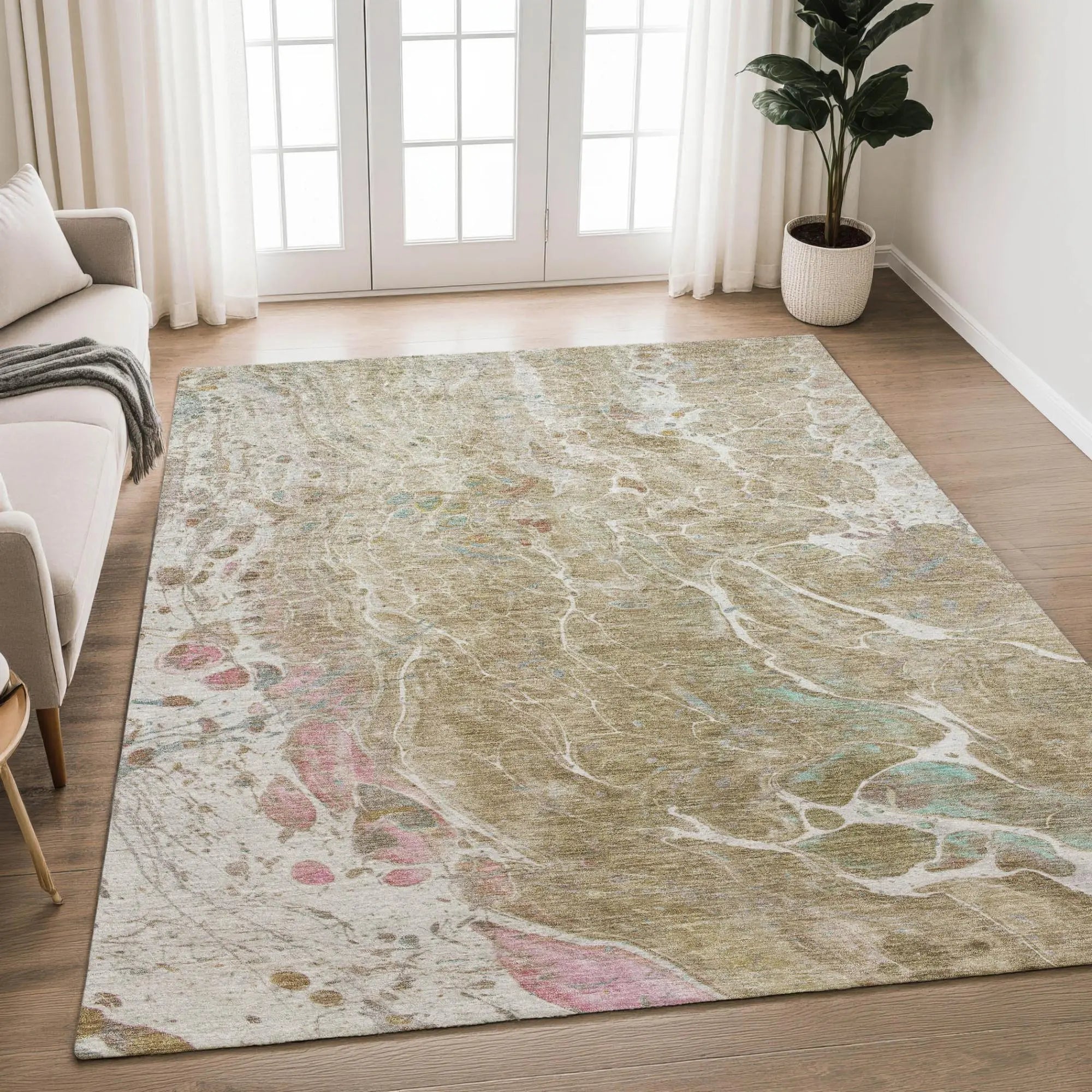5' X 8' Khaki And Brown Abstract Washable Indoor Outdoor Area Rug Homeroots Outdoor