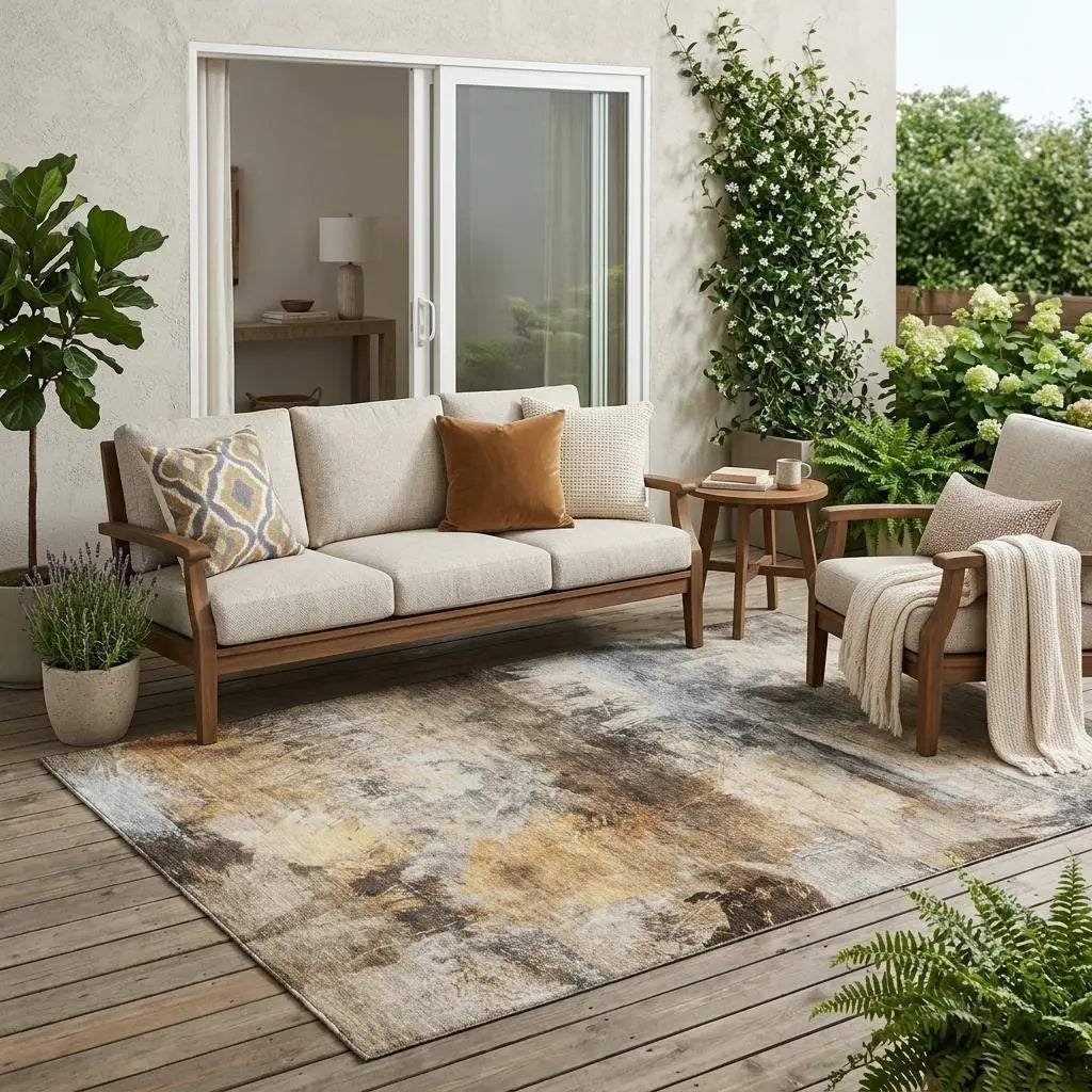 5' X 8' Khaki And Brown Abstract Washable Indoor Outdoor Area Rug Homeroots Outdoor