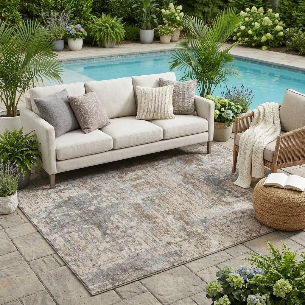 5' X 8' Khaki And Brown Abstract Washable Indoor Outdoor Area Rug Homeroots Outdoor