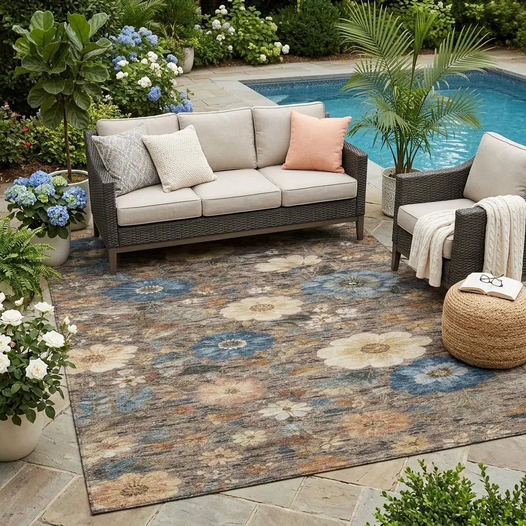 5' X 8' Khaki And Brown Floral Washable Indoor Outdoor Area Rug Homeroots Outdoor