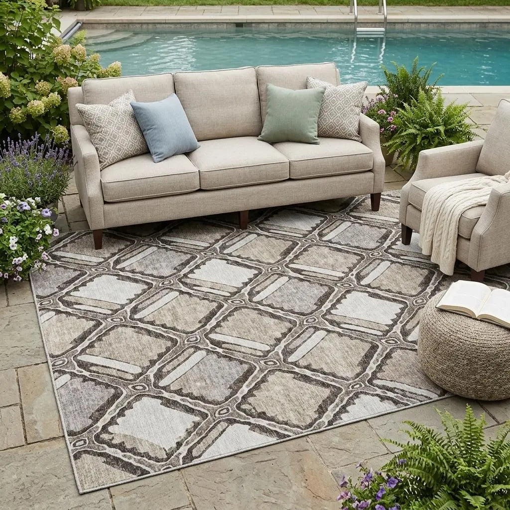 5' X 8' Khaki And Brown Geometric Washable Indoor Outdoor Area Rug Homeroots Outdoor