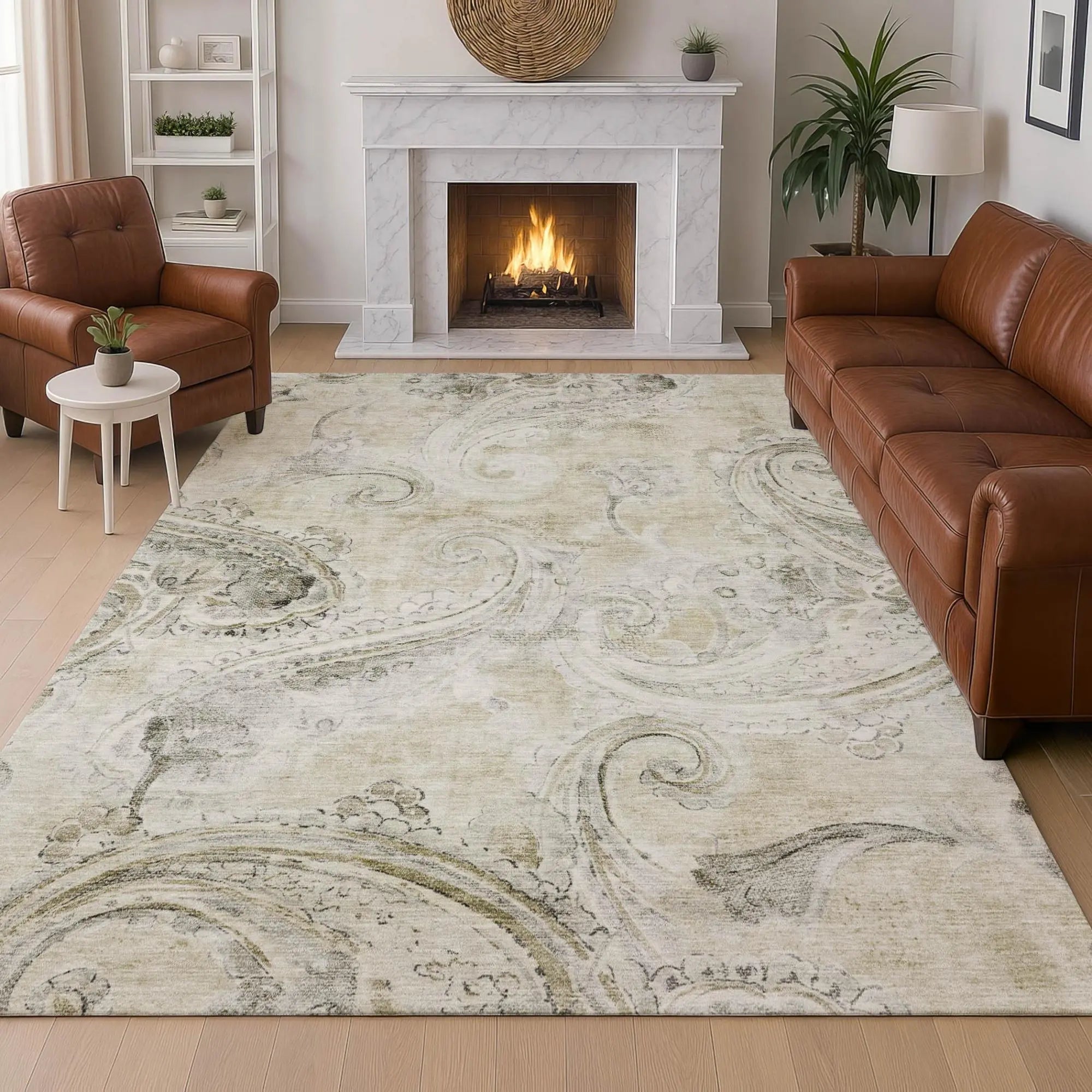 5' X 8' Khaki And Brown Paisley Washable Indoor Outdoor Area Rug Homeroots Outdoor