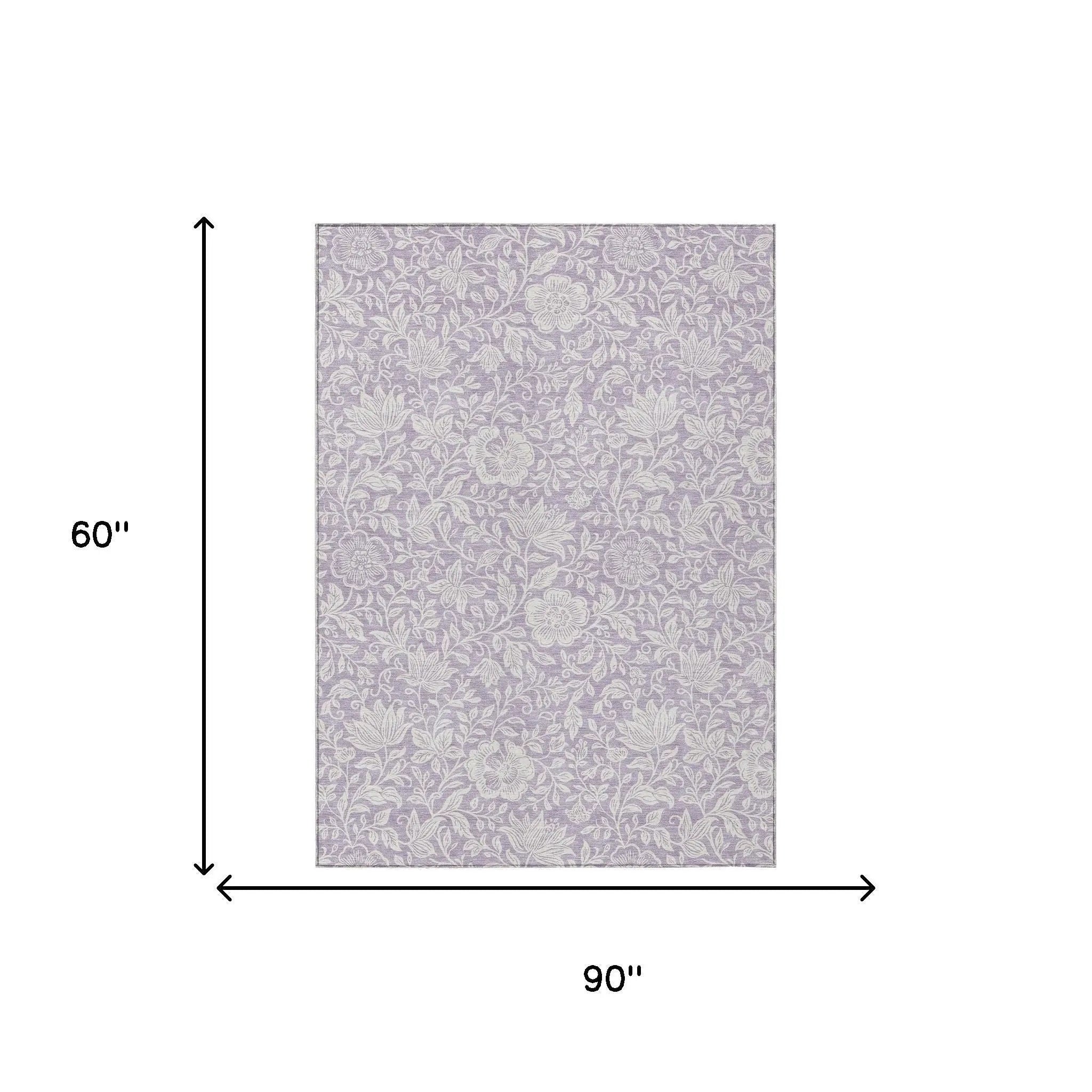 5' X 8' Lavender And Ivory Floral Washable Indoor Outdoor Area Rug Homeroots Outdoor
