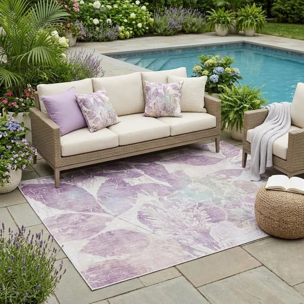 5' X 8' Lavender And Purple Botanical Leaves Washable Indoor Outdoor Area Rug Homeroots Outdoor