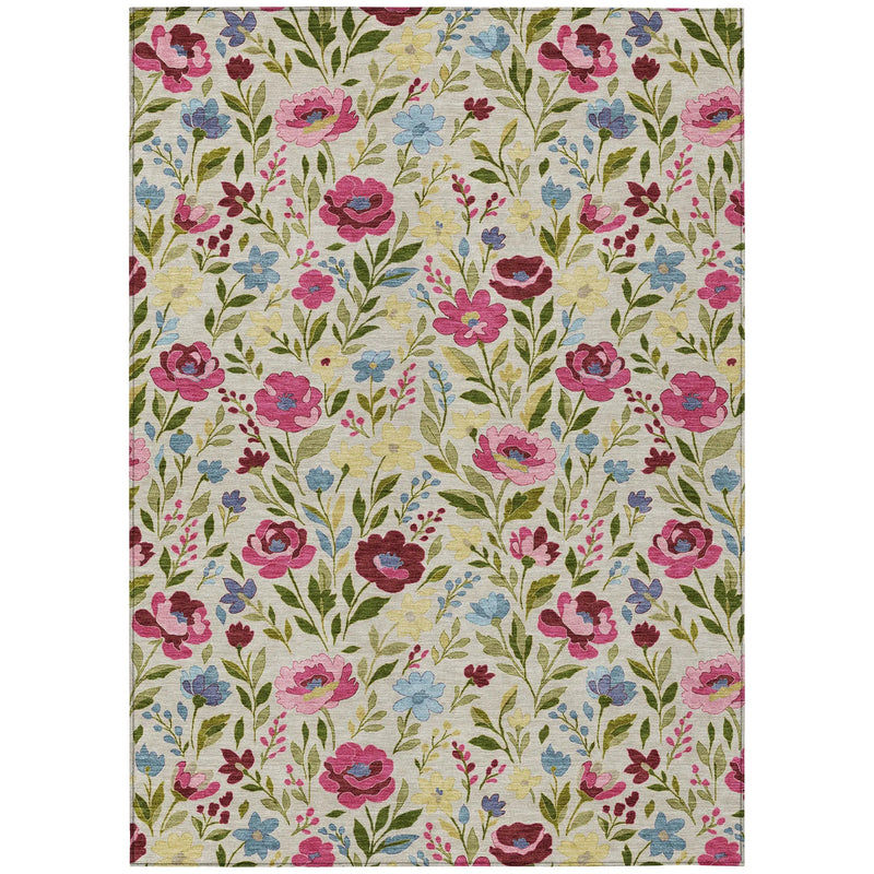 5' X 8' Linen And Blush Floral Washable Indoor Outdoor Area Rug Homeroots Outdoor