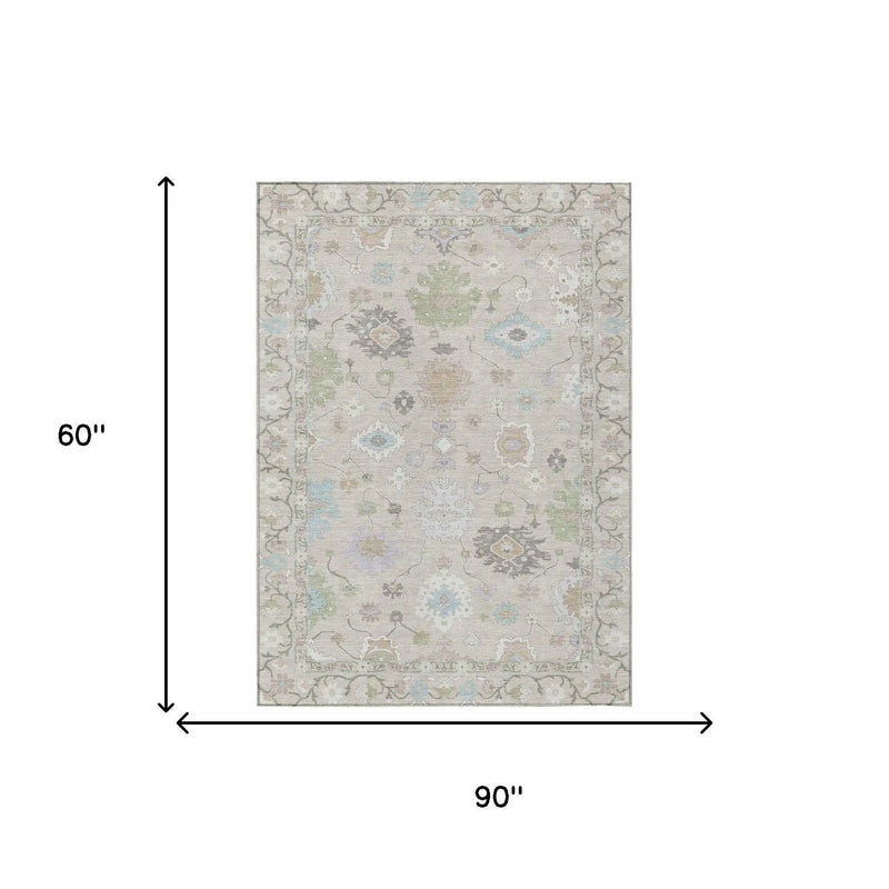 5' X 8' Linen And Fern Green Oriental Washable Indoor Outdoor Area Rug Homeroots Outdoor