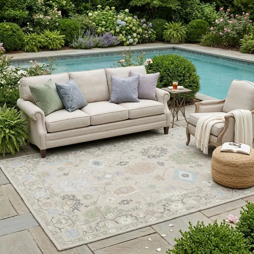 5' X 8' Linen And Fern Green Oriental Washable Indoor Outdoor Area Rug Homeroots Outdoor