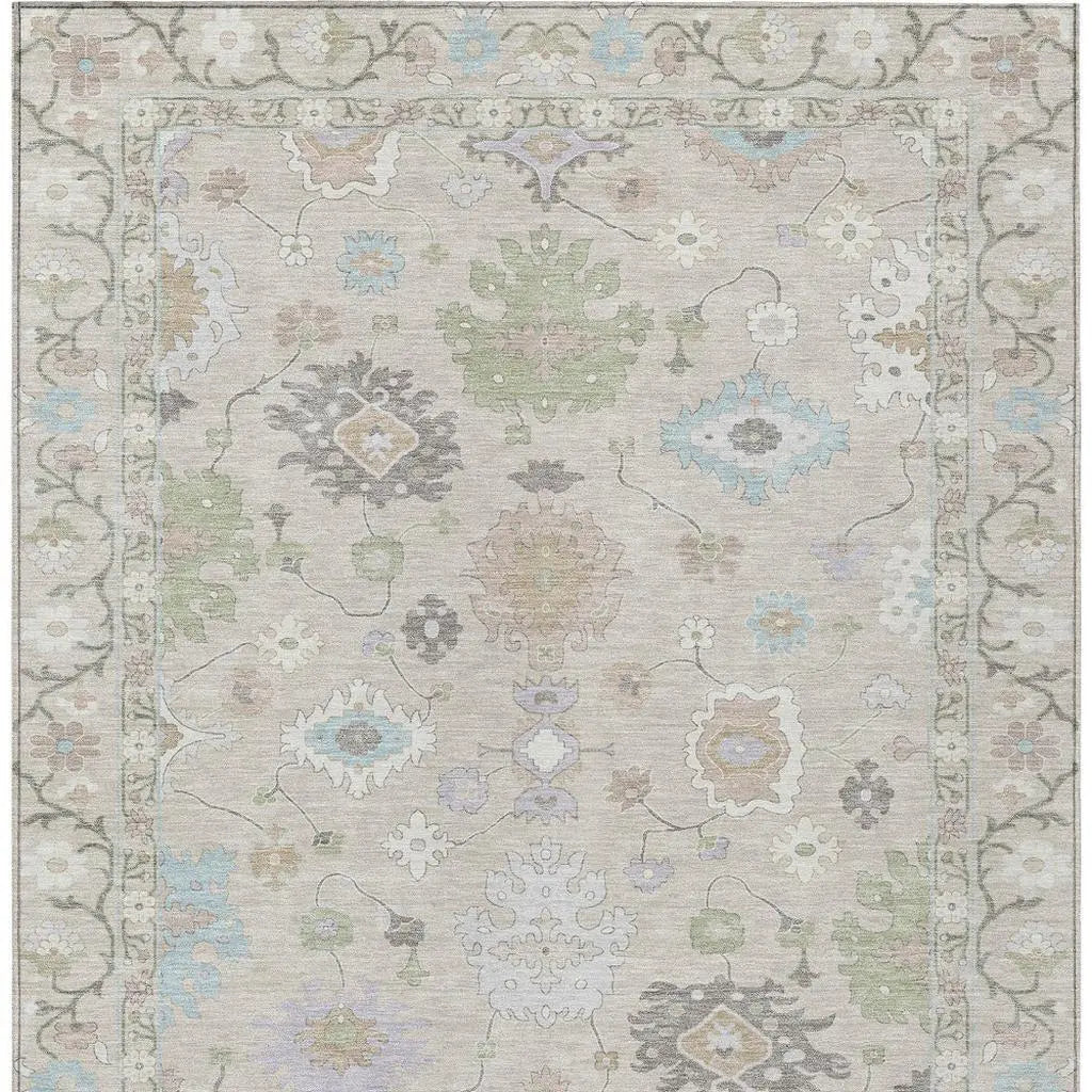 5' X 8' Linen And Fern Green Oriental Washable Indoor Outdoor Area Rug Homeroots Outdoor