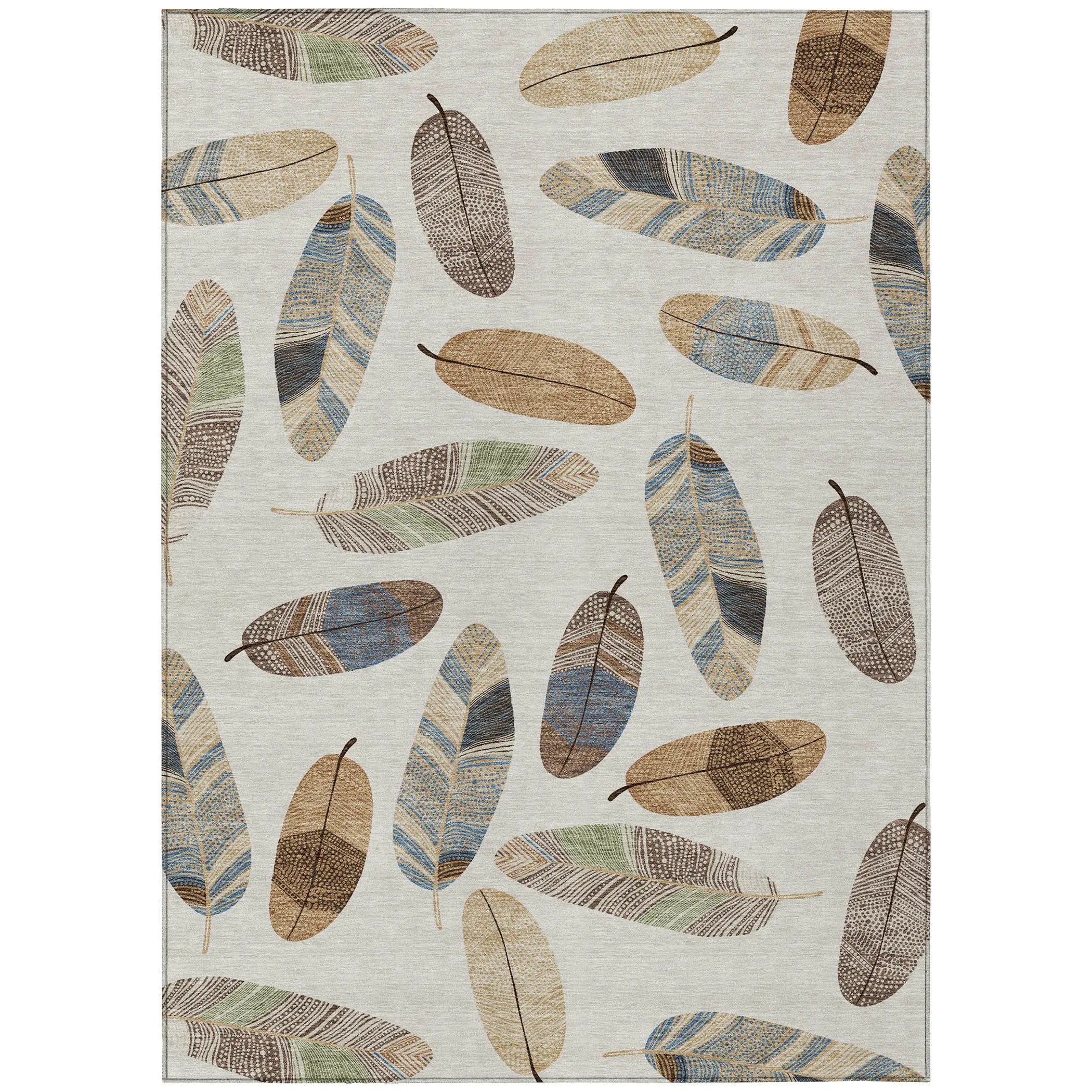 5' X 8' Linen And Ivory Botanical Leaves Washable Indoor Outdoor Area Rug Homeroots Outdoor