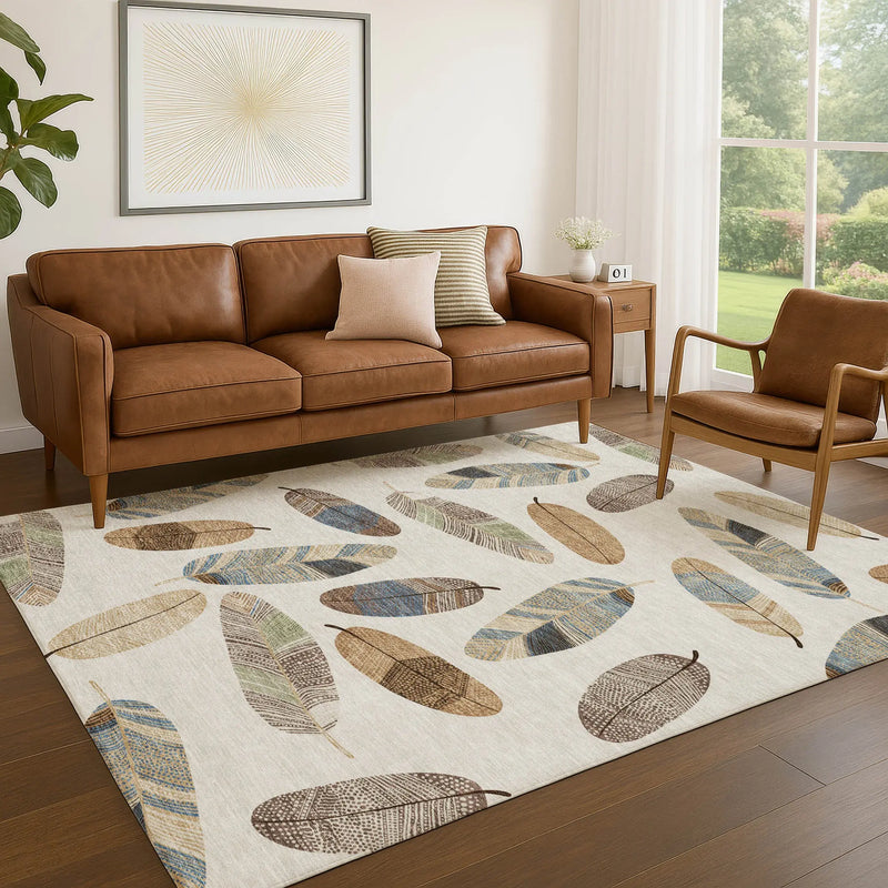 5' X 8' Linen And Ivory Botanical Leaves Washable Indoor Outdoor Area Rug Homeroots Outdoor