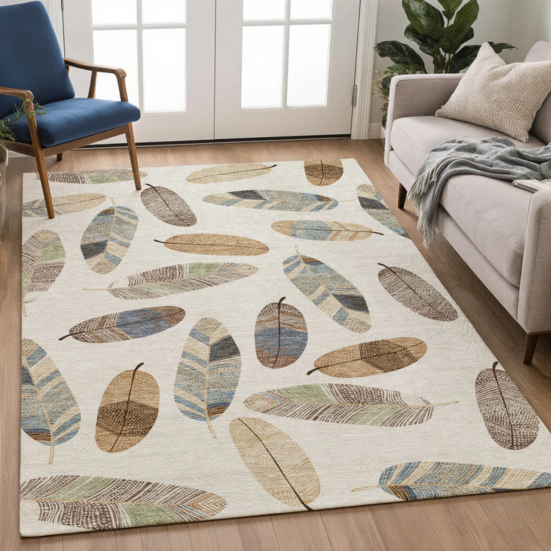5' X 8' Linen And Ivory Botanical Leaves Washable Indoor Outdoor Area Rug Homeroots Outdoor