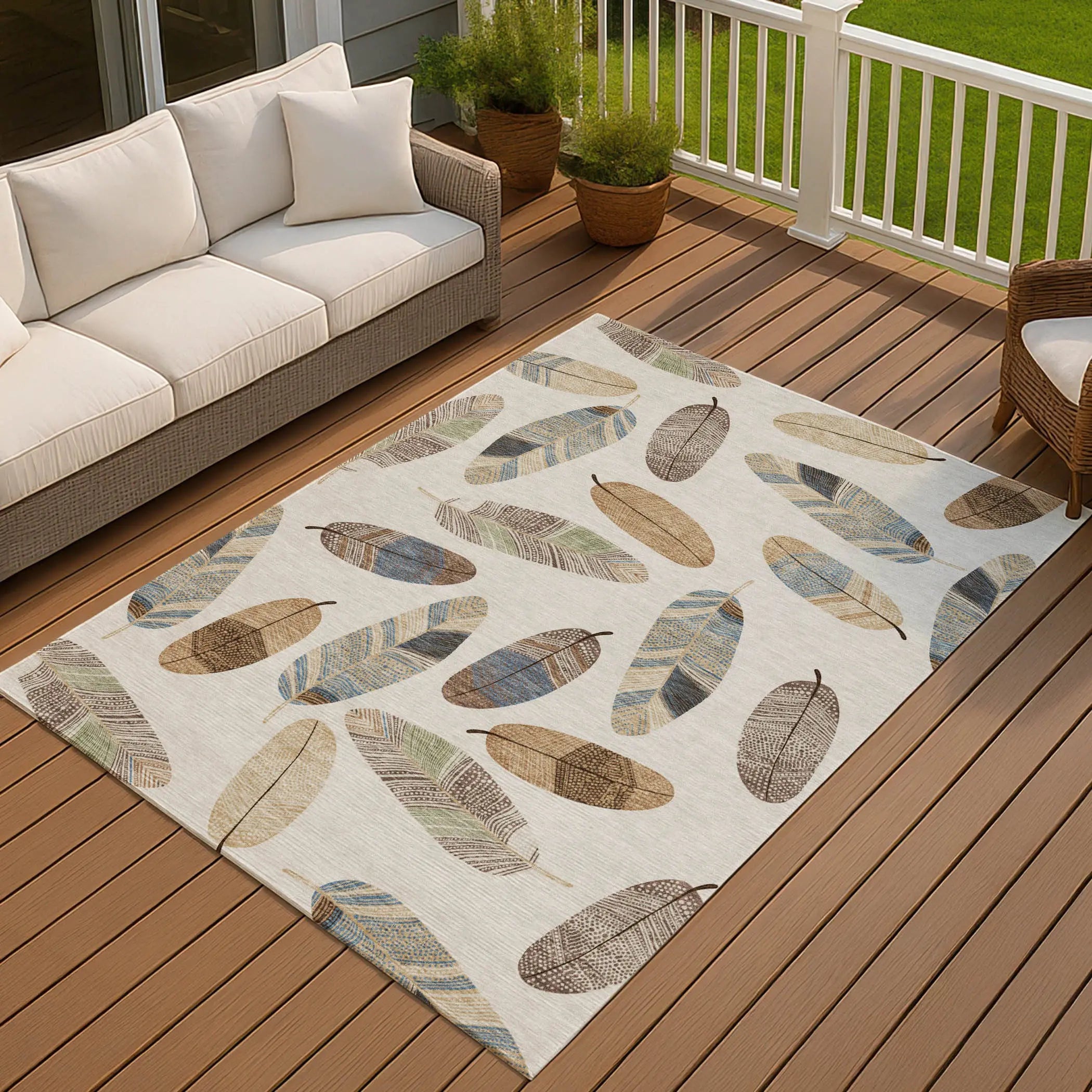 5' X 8' Linen And Ivory Botanical Leaves Washable Indoor Outdoor Area Rug Homeroots Outdoor