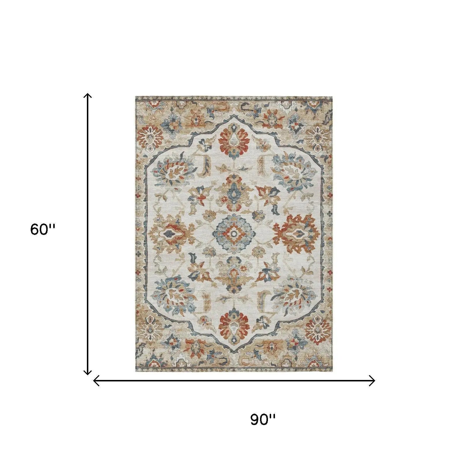 5' X 8' Linen And Ivory Floral Medallion Washable Indoor Outdoor Area Rug Homeroots Outdoor