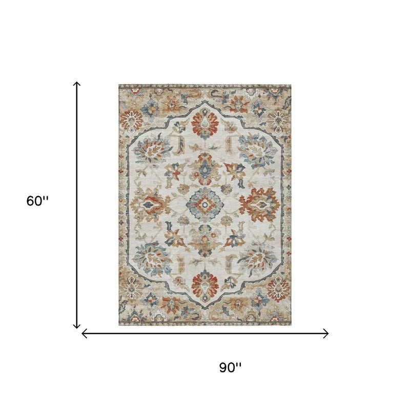 5' X 8' Linen And Ivory Floral Medallion Washable Indoor Outdoor Area Rug Homeroots Outdoor