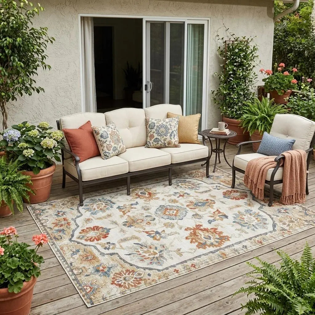5' X 8' Linen And Ivory Floral Medallion Washable Indoor Outdoor Area Rug Homeroots Outdoor